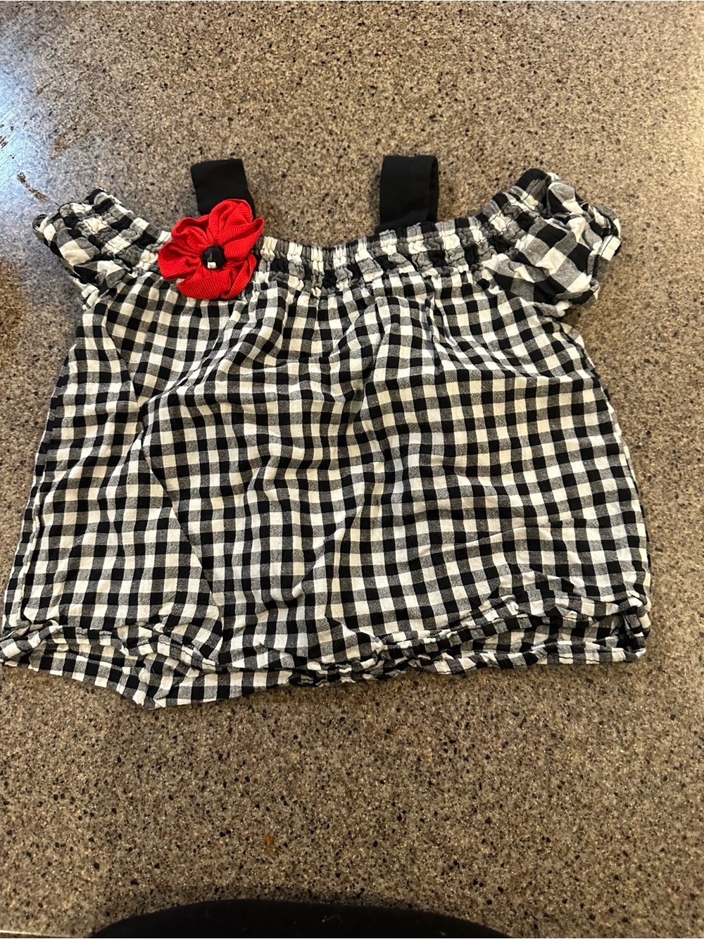 Girls Black & White Gingham Off-Shoulder Top with Red Flower